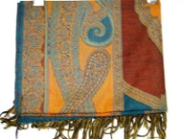 Teal colored 100% pure wool Jamawar shawl with shades of red & orange also. Artistically patterned with paisley shapes. Fringes on the edges. Imported.