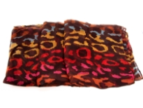 Semi-sheer brown polyester scarf with multi colored abstract print. Big size of the scarf makes it possible to be used as a shawl, wrap or scarf around the neck. Imported. Hand wash.