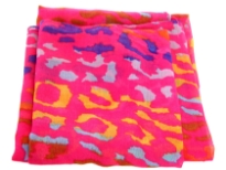 Semi-sheer hot pink polyester scarf with multi colored abstract print. Big size of the scarf makes it possible to be used as a shawl, wrap or scarf around the neck. Imported. Hand wash.