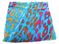 Semi-sheer turquoise blue polyester scarf with multi colored abstract print. Big size of the scarf makes it possible to be used as a shawl, wrap or scarf around the neck. Imported. Hand wash.