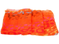 Semi-sheer orange polyester scarf with multi colored abstract print. Big size of the scarf makes it possible to be used as a shawl, wrap or scarf around the neck. Imported. Hand wash.