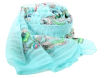 A garden of multi colored floral print blooms over this finely made 100% polyester scarf in light blue which is lightweight to use. It can be used all year around with any kind of outfit. Imported. Hand wash.