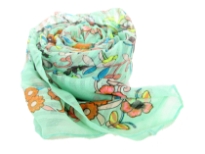 A garden of multi colored floral print blooms over this finely made 100% polyester scarf in light green which is lightweight to use. It can be used all year around with any kind of outfit. Imported. Hand wash.