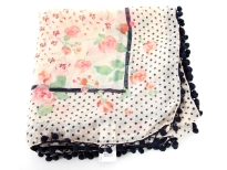 Miniature floral pattern in the middle with polka dots & floral border all along this square shaped scarf which can be used with any kind of outfit all year around. Round beads like lace all along its border.