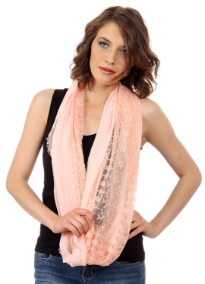 Mesh panel in the middle along its circumference with lace on sides of this fringe framed infinity scarf which is soft & breathable to use all year around. Floral embroidery on mesh panel gives that feminine charm to this semi-sheer scarf.