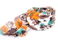 Orange & brown colored flowers bloom over this off-white cotton scarf which is lightweight & soft. Imported. Hand wash.