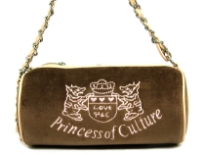Suede Barrel Shape Fashion Handbag with "princess of culture" embroidery over it. PVC & chain twisted together make the shoulder strap. Top zipper closure.
