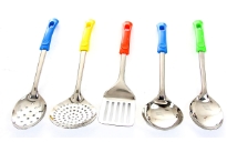 5 Piece Stainless Steel Kitchen Tools Set with Plastic Handle. Cooking Utensil Serving Set Spatula Spoon Server
This is the perfect 5 piece starter set of stainless steel utensils.

The plastic handle colors might interchange among the shown colors. This set is brand new. It comes in bulk packaging. So, it does not have individual tags.

The display stand is not included.