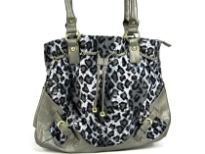 Animal Print Velvet Handbag with double shoulder handle & patchwork in contrast PVC material. Belt accents on the corners of the bag & also has drawstring closure.