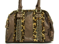 Shining PVC Shoulder bag with Leopard print patchwork with chain accents over them. Top zipper closure which has leopard print trim along it. Double shoulder handle.