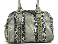 Shining PVC Shoulder bag with Leopard print patchwork with chain accents over them. Top zipper closure which has leopard print trim along it. Double shoulder handle.