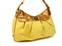 Designer Inspired Single Strapped Shoulder bag with top zipper closure and logo pattern design. Made of jacquard.