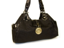 Overlap square print jacquard fashion handbag with patent leather patchwork, double shoulder handle & belted clasp closure. Imported.