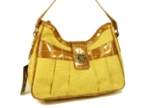 Overlap square print jacquard fashion handbag with patent leather patchwork, shoulder strap & top zipper closure. Pleated in front with clasp closure on the top. Imported.
