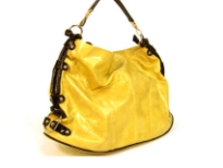 Designer Inspired Shoulder bag has a top zipper closure and a single strap. Bag has a metallic texture and ruched detials along the sides. Made of PU (polyurethane).