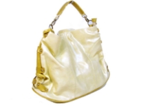 Designer Inspired Shoulder bag has a top zipper closure and a single strap. Bag has a metallic texture and ruched detials along the sides. Made of PU (polyurethane).