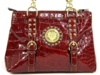 Croco Embossed PVC Fashion Handbag with belted embellishments in the front with studs on them. Top zipper closing with double shoulder handles.