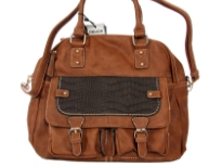 Faux leather double handle bag. Two separate sections with zipper closings, inside side zipper pocket, outside back zipper pocket, adjustable shoulder strap included.