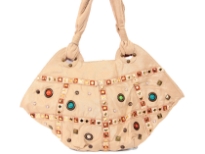 Stones studded fabric Handbag, Top zipper closing