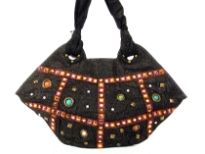 Stone Studded Fabric Handbag, Top zipper closing