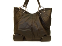 Designer Inspired Handbag has a leather like texture with bands detail. Bag has a top zipper closure and a double handle. Made of PU (polyurethane).