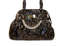 Designer Inspired Handbag with distress pattern and metal chain detail. Bag has a double handle and a top zipper closure. Made of PU (polyurethane).