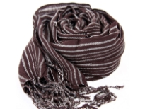 Long twisted fringe decorates the ends of this lightweight coffee colored viscose scarf with white stripes woven into it. Imported.