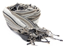 Grey yarn dyed viscose scarf with black & mocha colored stripes running on it. Decorated with twisted fringes on its edges. Imported.