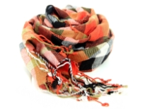 100% viscose yarn dyed scarf with multi colored checkered print in shades of orange, black & ivory. Imported.