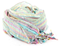 Bright colored woven stripes in pink, turquoise, yellow sprawl over this loosely woven yarn dyed 100% viscose scarf. Twisted fringes on its ends. Imported. Hand wash.
