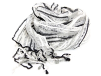 White open weave scarf in yarn dyed 100% viscose with black & grey stripes running through it. Sheer scarf has twisted fringes on its edges. Imported. 