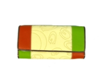 Designer Inspired Checkbook Wallet with multi color patchwork and embroidered logo design has a snap closure. Made of PU (polyurethane).