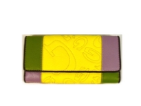 Checkbook Wallet with multi color patchwork and embroidered logo design has a snap closure. Made of PU (polyurethane).