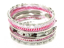 This 15 pieces set of fashion bangles includes one wide patterned bangle with deep red beads on it, 2 bangles have two-tone fabric on it, 2 have metal floral pattern on it & rest have glitter. 