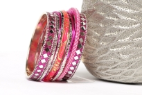 Chic & trendy assorted 11 pieces set of hand crafted fashion bangles consists of 2 wide glittery bangles with mirror pattern, 1 hot pink glitter bangle, 1 threaded bangle, 4 thin fuchsia & 4 thin silver bangles.