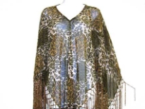 Leopard print v-neck poncho is made of sheer rayon material. Hanging fringes on its border in satin thread material. Imported.