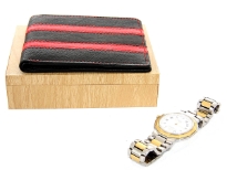 Carry your money in style. This is a bi-fold genuine leather double bill Mens wallet. This  brand wallet is made of high quality cowhide. Wallet has 6 credit card slots and a zipper slot. Wallet has slot for SIM card. Watch is not included. Wallet Gift Box is included. As this is genuine leather, please be aware that there will be some small creases and nicks in the leather but the wallet are all brand new. 