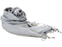 Grey colored yarn dyed 95% viscose scarf with 5% metallic with stitching like stripes in yellow, white & black colors. Imported. Hand wash.