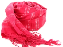 Yarn dyed 95% viscose scarf with 5% metallic silver horizontal stripes along its breadth and twisted fringes on its edges. Hand Wash. Imported. 