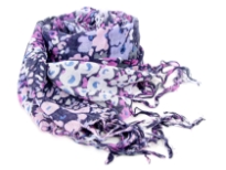 Miniature flowers in shades of pink bloom over this navy yarn dyed 100% viscose scarf. Thread like fringes on its edges completes this scarf. Lightweight & soft to use all year around. Imported. Hand wash.