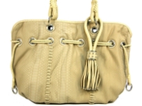PVC Fashion Handbag which is spacious, has braided double handle, hanging braided accent in the front & drawstring accent at the neck of the bag.