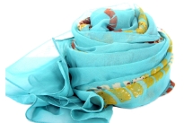 Jade Green Colored Sheer 100% polyester scarf has wide border like print in brown & beige colors where middle of the scarf has artsy white patches. Very lightweight & can be teamed up with any kind of outfit. 