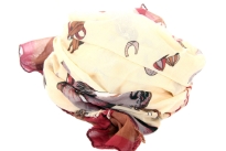 Horses inspired things galore over this square shape peach scarf with eyelash fringe on two of its sides. Lightweight & soft to use with any kind of outfit all year around. 