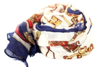 Royal & Majestic keys print in yellow & brown decorates this beige colored semi-sheer 100% polyester scarf. Navy blue colored border all around the scarf adds a little sophistication & eyelash fringe on the ends completes it. Imported. 