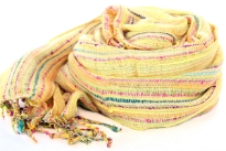 Beautiful Yellow colored design scarf has horizontal open weave pattern. Long twisted fringes completes this 100% viscose scarf. Classy scarf can also be teamed up with a formal dress as a shawl. Imported.