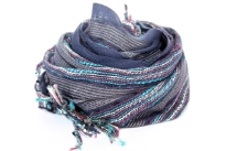 Beautiful Grey, Blue and multi colored design scarf has horizontal open weave pattern. Long twisted fringes completes this 100% viscose scarf. Classy scarf can also be teamed up with a formal dress as a shawl. Imported. 