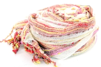 Beautiful Red and Multi colored design scarf has horizontal open weave pattern. Long twisted fringes completes this 100% viscose scarf. Classy scarf can also be teamed up with a formal dress as a shawl. Imported. 