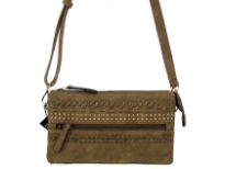 Faux Leather Shoulder bag. Top zipper closing, three separate compartments, front zipper pocket, adjustable strap.