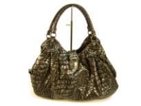 Designer Inspired Shoulder Bag with mettalic animal print pattern has a belt with magnetic closure and a double handle. Made of PU (polyurethane).
