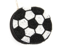Beaded coin purse in the shape and colors of a soccer ball.  Top zipper closure with wrist strap. Identical beading on both sides. Made of 100% Rayon with sequins and beads. Imported. Since this item is hand-beaded, the color or design may vary slightly.